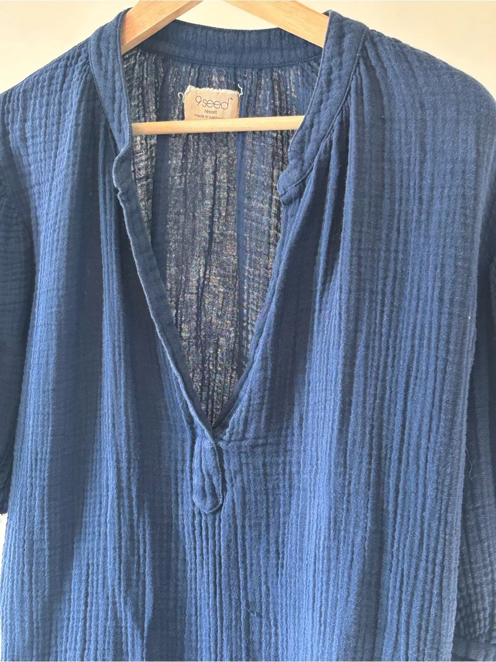 100% Cotton Navy Cotton Gauze Shirt | Navy Blue | Deep V Neck